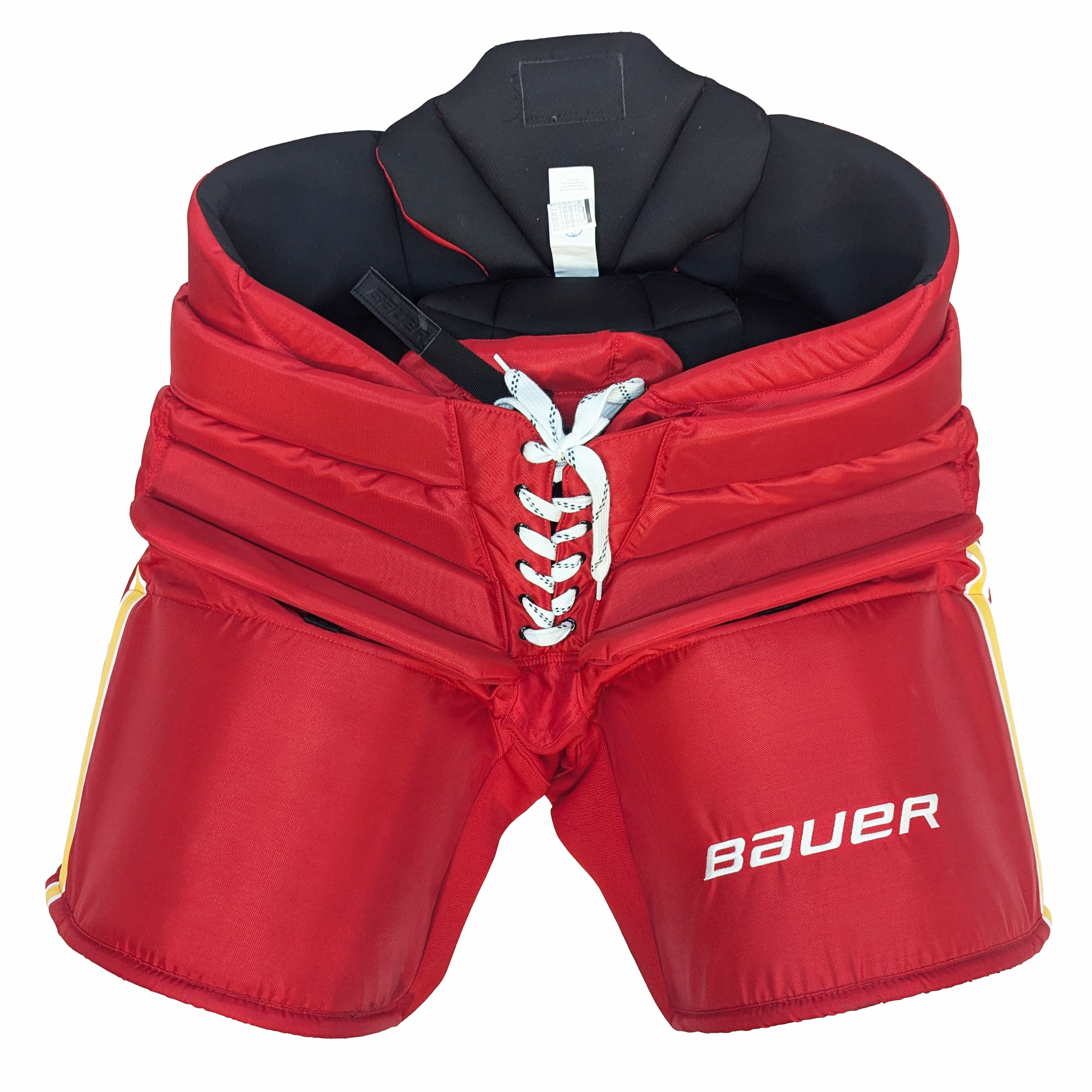 Bauer - Pantalon de gardien de but d'occasion NHL Pro Stock - Flames de Calgary (rouge/blanc/jaune)